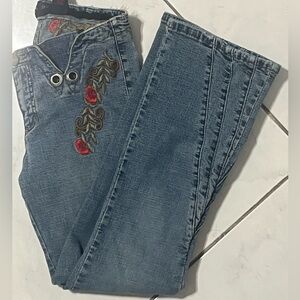 VIGOSS vintage y2k Jeans Floral green red embroidered denim hipster flared pants